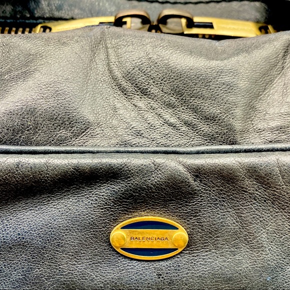 BALENCIAGA BLACK LEATHER GOLD METAL CORNER SATCHEL LARGE HAND BAG VINTAGE AUTHEN - Picture 2 of 8